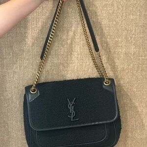 Yves Saint Laurent Black and Gold Nikki Tweed Shoulder Bag with Iconic Logo.